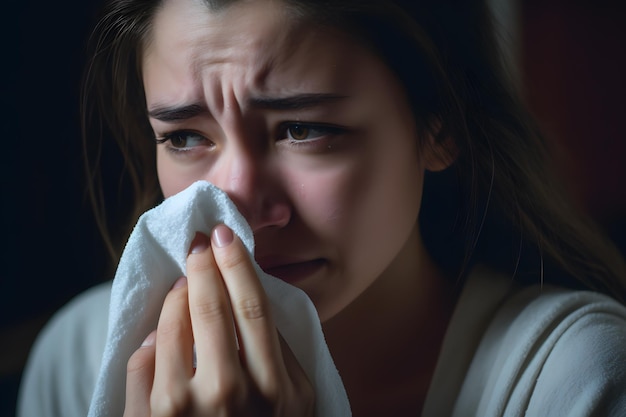 A woman crying with a tissue in her hand