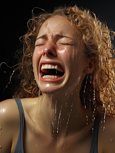 a woman crying with water dripping off her face