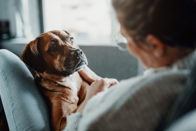 Photo woman cuddles plays with her dog at home