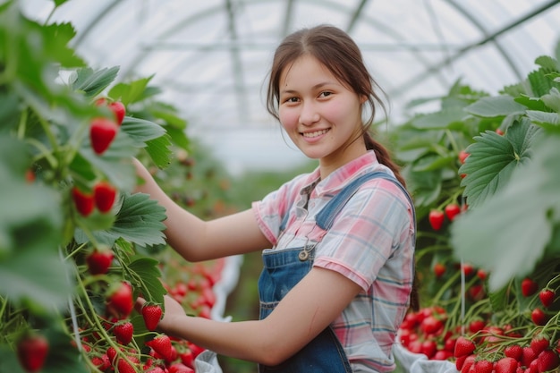 Woman Cultivating Strawberries in Greenhouse Generative AI
