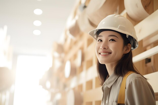 woman cunstruction worker wearing helmet cunstruction site background