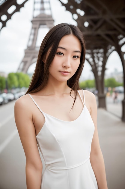 A woman in a cut out dress with the eiffel tower in the background