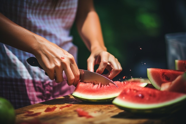 A woman cuts a watermelon on a blurred kitchen background