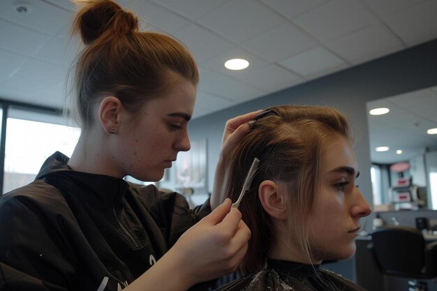 a woman cutting another womans hair in a salon