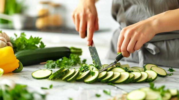 woman cutting fresh zucchini on kitchen closeup