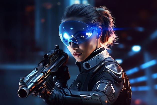 A woman cyber police holding laser gun