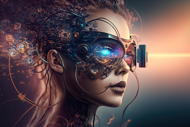 Foto una donna cyberpank con testa scheggiata idraulica esoscheletro transumanesimo pericolo sviluppo tecnologico arte ad alta risoluzione intelligenza artificiale generativa
