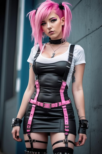 Woman in cyberpunk style with pink hair wearing short tight dress and suspenders