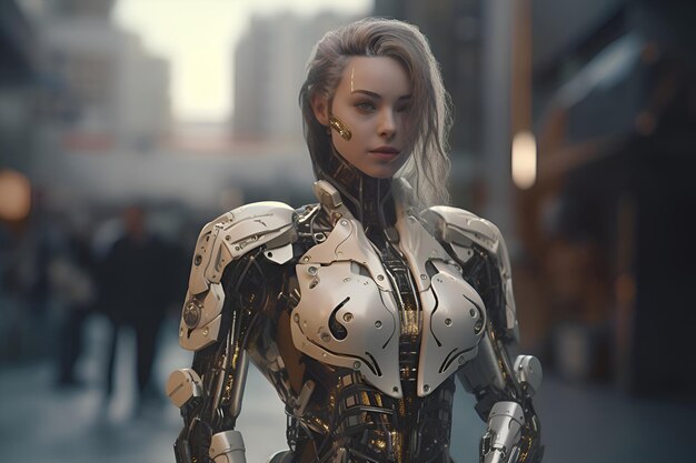 Woman cyborg robot in the city artificial intelligence Generative AI 1