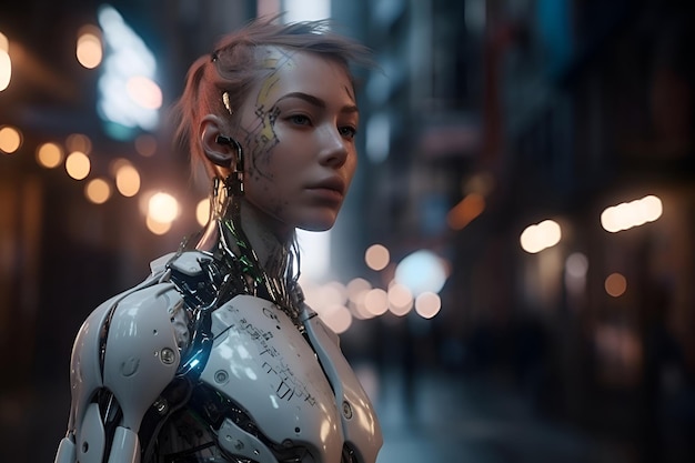 Woman cyborg robot in the city Generative AI 1