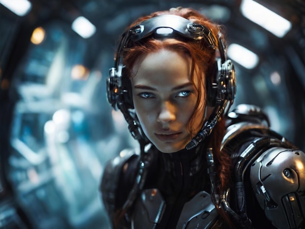 Woman cyborg with red hair and a blue eyes looks at the camera