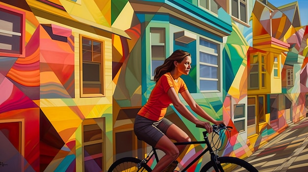 Woman cycles on street with colorful houses with geometric patterns AI generative illustration