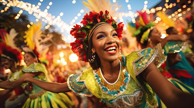 Foto una donna balla in una parata di carnevale.