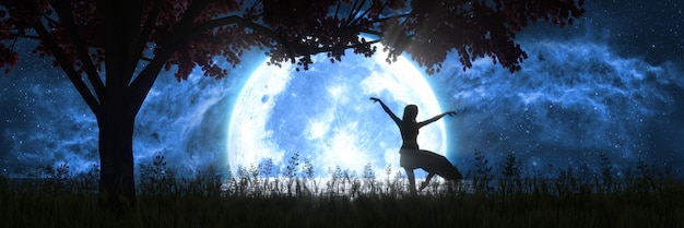 Woman dancing on the background of a large full moon, 3d illustration