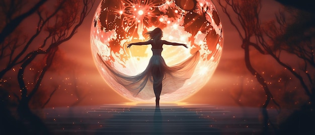 Женщина танцует на фоне большой полной луны