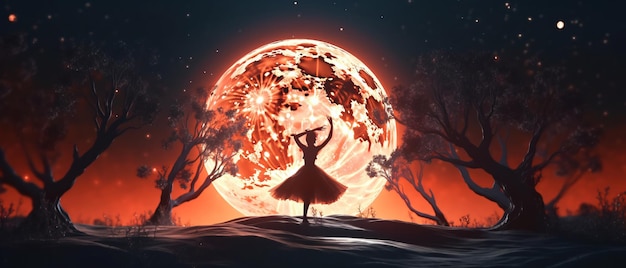 woman dancing on the background of a large full moon