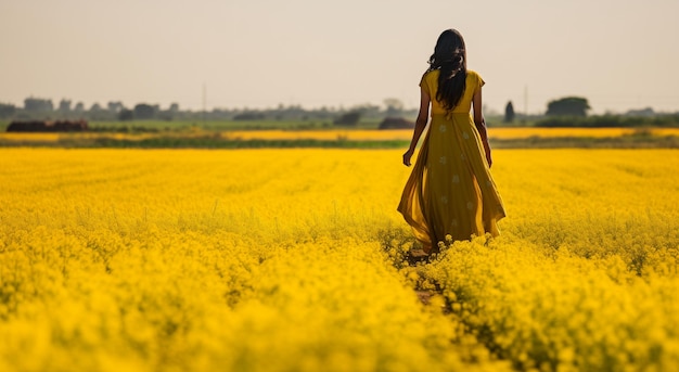 A woman dancing in a field of yellow flowers