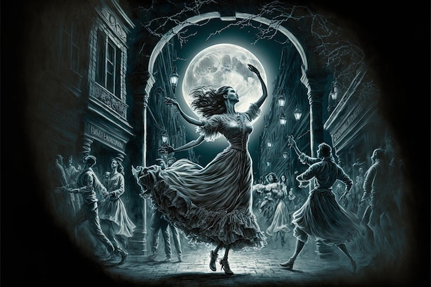 a woman dancing in a night scene with a moon in the background