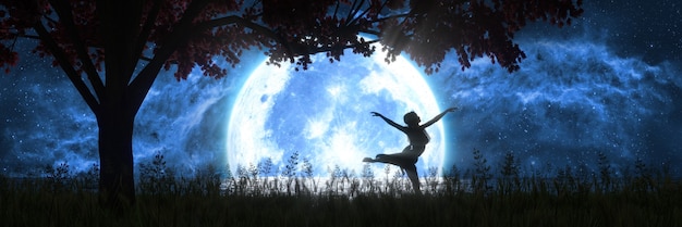 写真 大きな満月の背景で踊る女性、3dイラスト