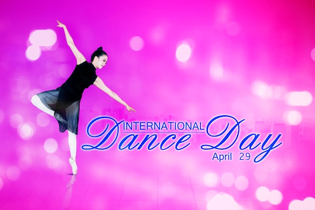 Woman dancing with International Dance Day text