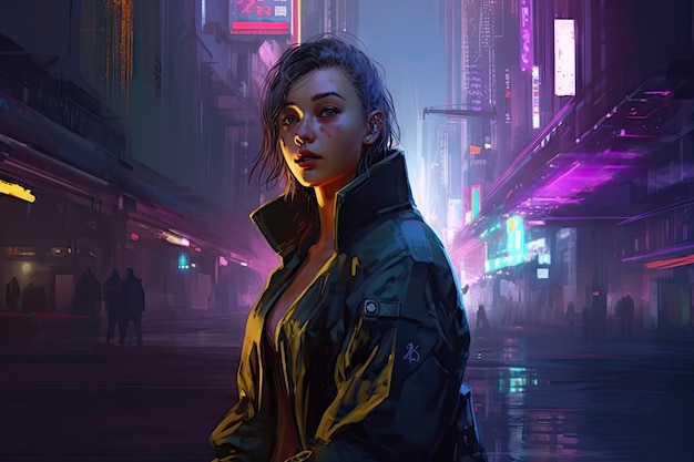 A woman in a dark city with neon lights on her jacket