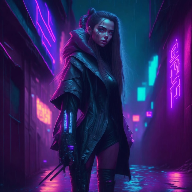 A woman in a dark city with neon signs in the background.