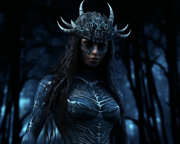 a woman in a dark forest with horns on her head