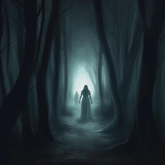 A woman in a dark forest with a light on her head