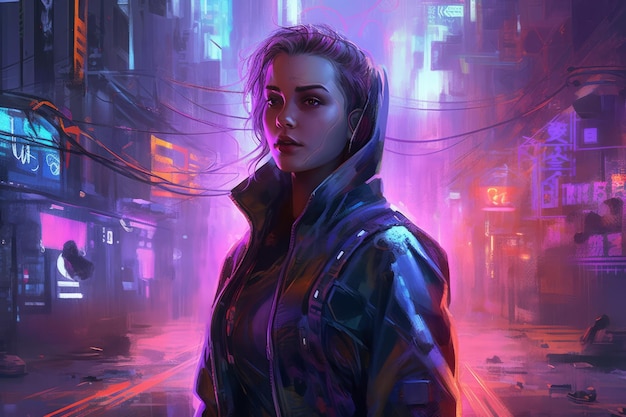 A woman in a dark jacket stands in a dark city with a neon sign that says'cyberpunk'on it.