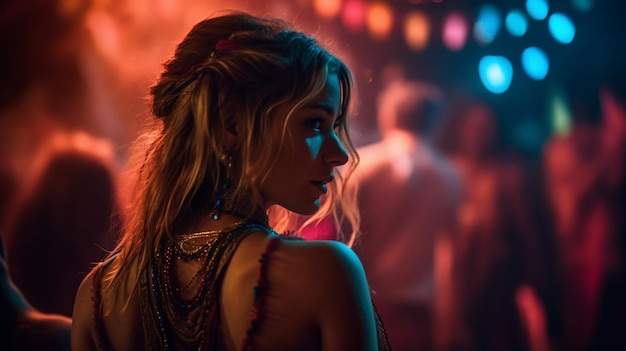 A woman in a dark room with a colorful light behind her.