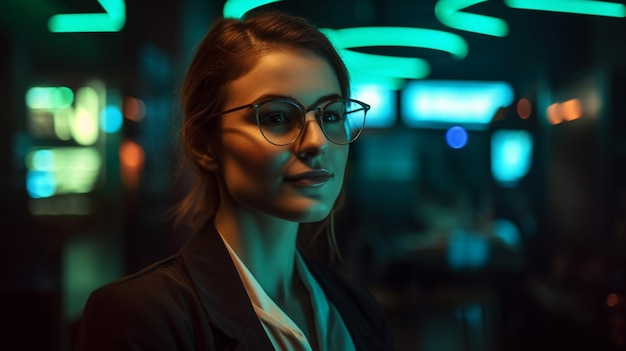 A woman in a dark room with a green light behind her.