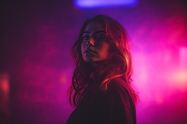 A woman in a dark room with neon lights