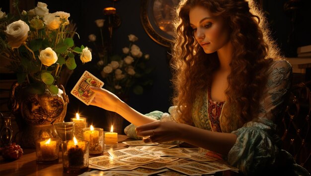 a woman in a dark room with a stack of money and a candle