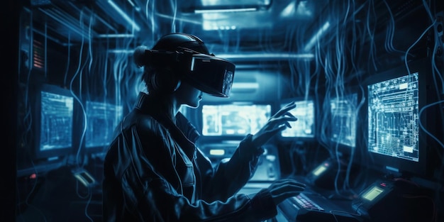 A woman in a dark room with a virtual reality headset.