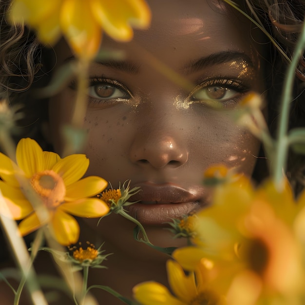 woman dark skin makeup sunflowers