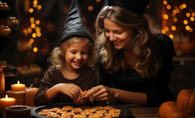 Photo the woman and the daughter in a witch hat are making pumpkin cakes together in the kitchen