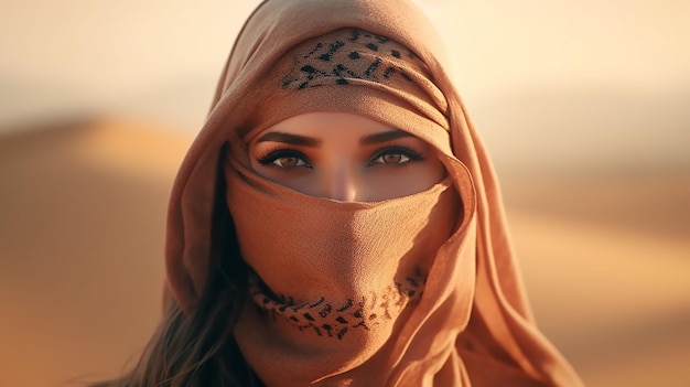 Foto modello femminile musulmana che indossa un hajib in piedi nel deserto