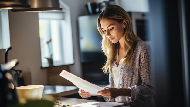 Woman deals with paying bills at the end of the month in his kitchen Created with Generative AI technology