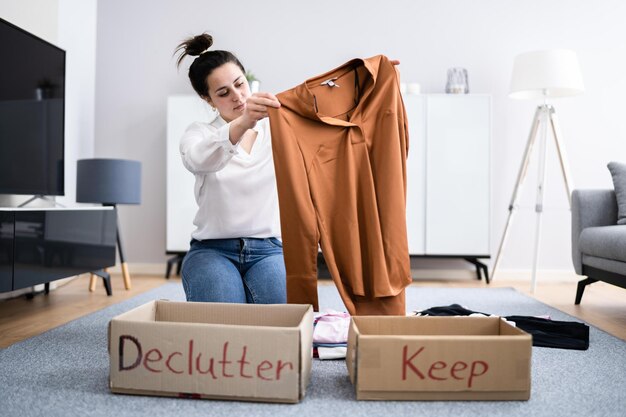 Photo woman decluttering clothes sorting