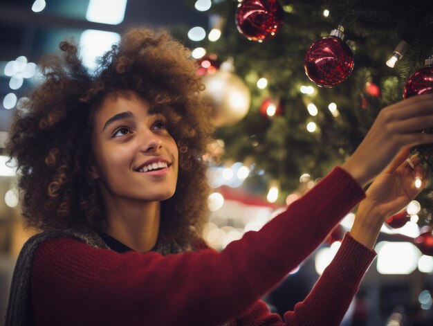 写真 オーナメントやライトでクリスマスツリーを飾る女性