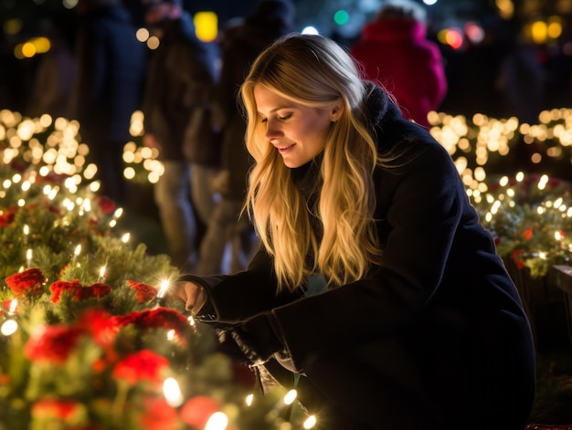 Woman decorating a Christmas tree with ornaments and lights