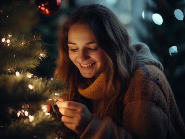 オーナメントやライトでクリスマスツリーを飾る女性