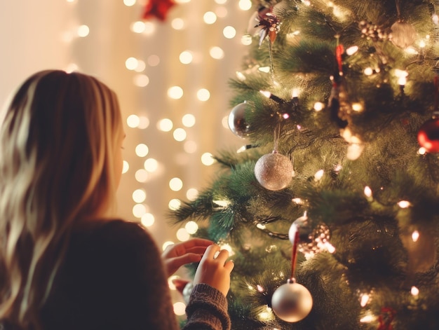 Woman decorating a Christmas tree with ornaments and lights