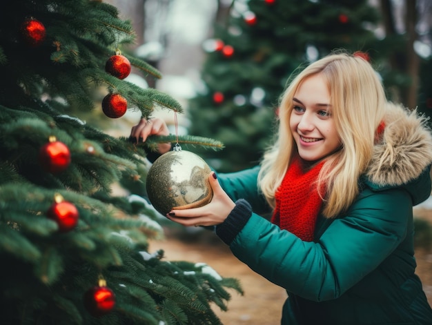 オーナメントやライトでクリスマスツリーを飾る女性