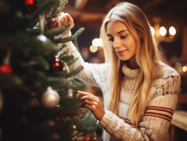 Woman decorating a Christmas tree with ornaments and lights