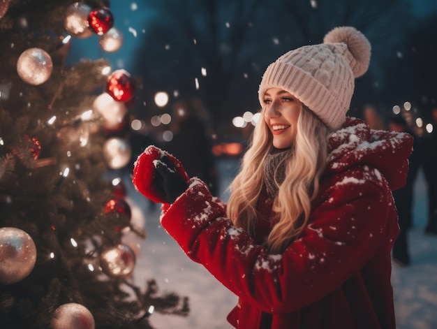 Woman decorating a Christmas tree with ornaments and lights