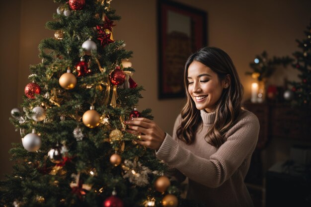 Woman decorating christmas tree with toys christmas and decoration toys