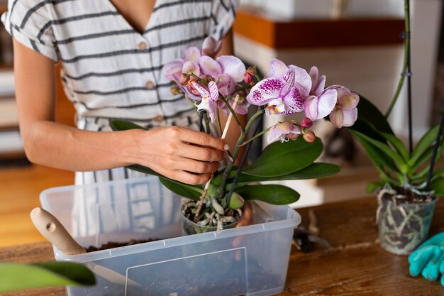 Foto una donna che decora la sua casa con orchidee