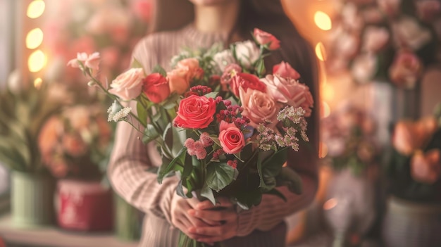 woman delicately holds a vibrant bouquet of flowers in her hands celebrating a special occasion wit