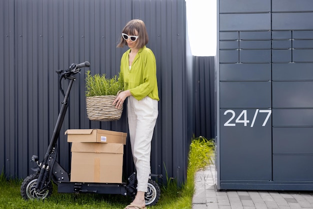 Woman delivering goods by electrical scooter